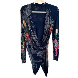 T3 Y2K‎ VTG Desigual Navy Blue Floral Asymmetrical Draped Wrap Light Sweater
